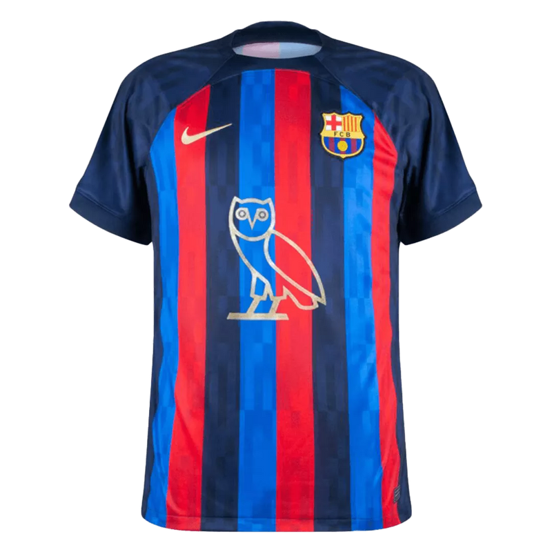 Camisa Barcelona Edição Especial Drake OVO 22/23 Vermelha e Azul Masculina